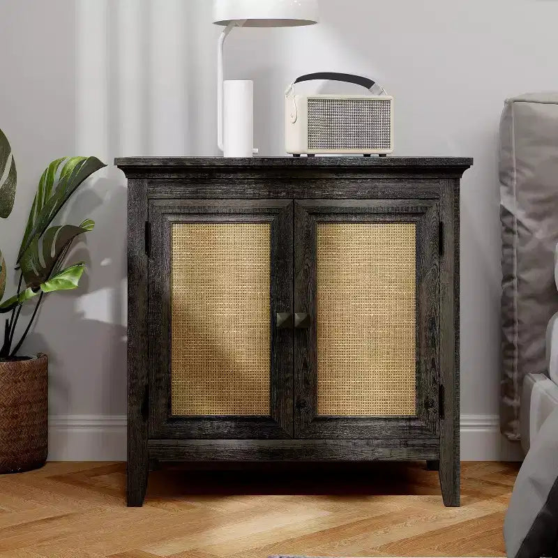 Mobile contenitore Heynemo, mobile credenza da cucina con ante in rattan, mobile buffet di design con ripiani regolabili