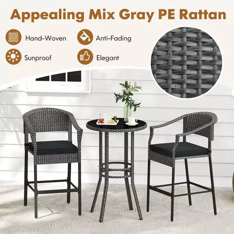 Set da Bar in Rattan per Patio Costway 3 Pezzi con Poltrone e Tavolo Rotondo Altezza Bar in Vimini