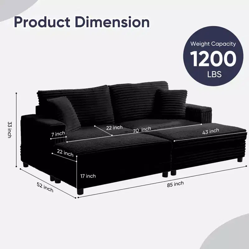 Poltrona Chaise Longue Oversize da Interno, Divano Moderno Rivestito in Velluto a Coste da 85 W con 2 Pouf Rimovibili, Comoda Poltrona Divano Pigro