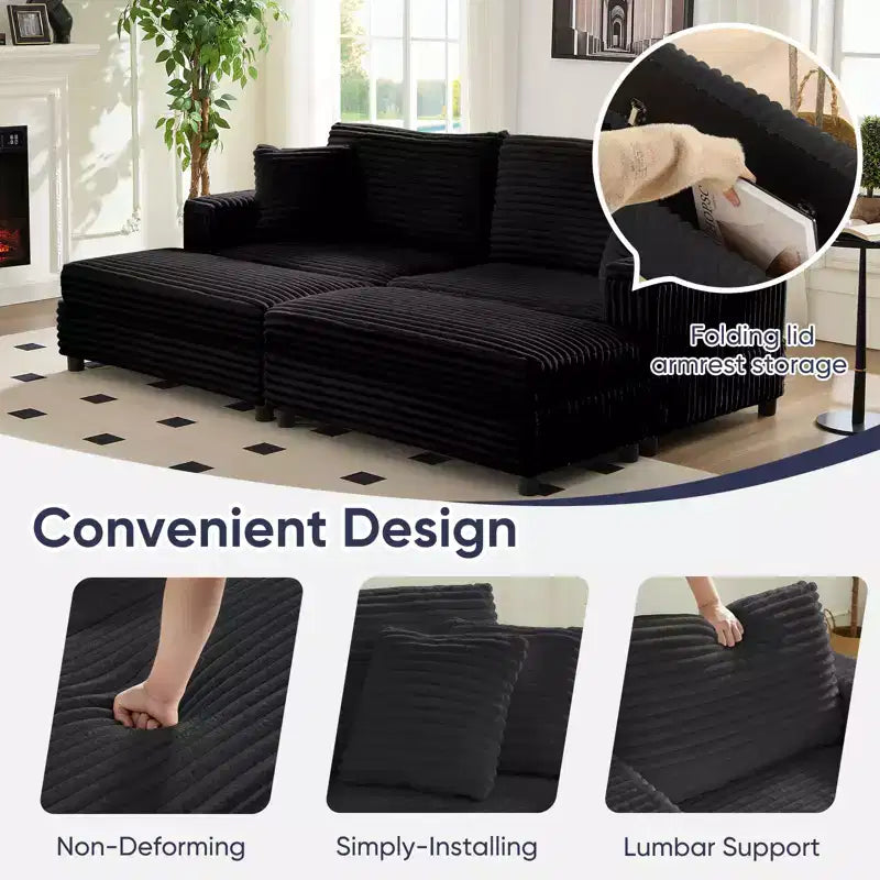 Poltrona Chaise Longue Oversize da Interno, Divano Moderno Rivestito in Velluto a Coste da 85 W con 2 Pouf Rimovibili, Comoda Poltrona Divano Pigro