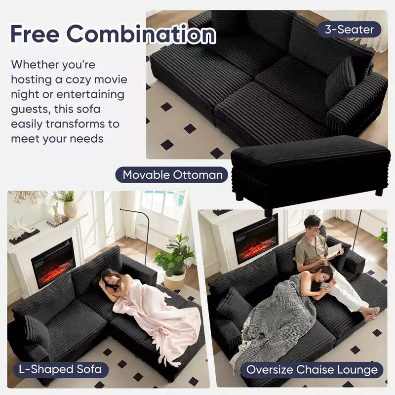 Poltrona Chaise Longue Oversize da Interno, Divano Moderno Rivestito in Velluto a Coste da 85 W con 2 Pouf Rimovibili, Comoda Poltrona Divano Pigro