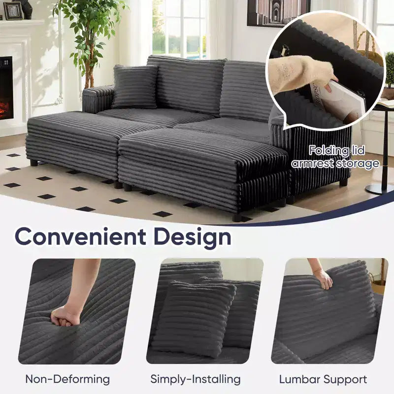 Poltrona Chaise Longue Oversize da Interno, Divano Moderno Rivestito in Velluto a Coste da 85 W con 2 Pouf Rimovibili, Comoda Poltrona Divano Pigro