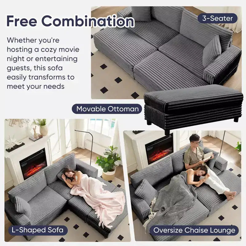 Poltrona Chaise Longue Oversize da Interno, Divano Moderno Rivestito in Velluto a Coste da 85 W con 2 Pouf Rimovibili, Comoda Poltrona Divano Pigro
