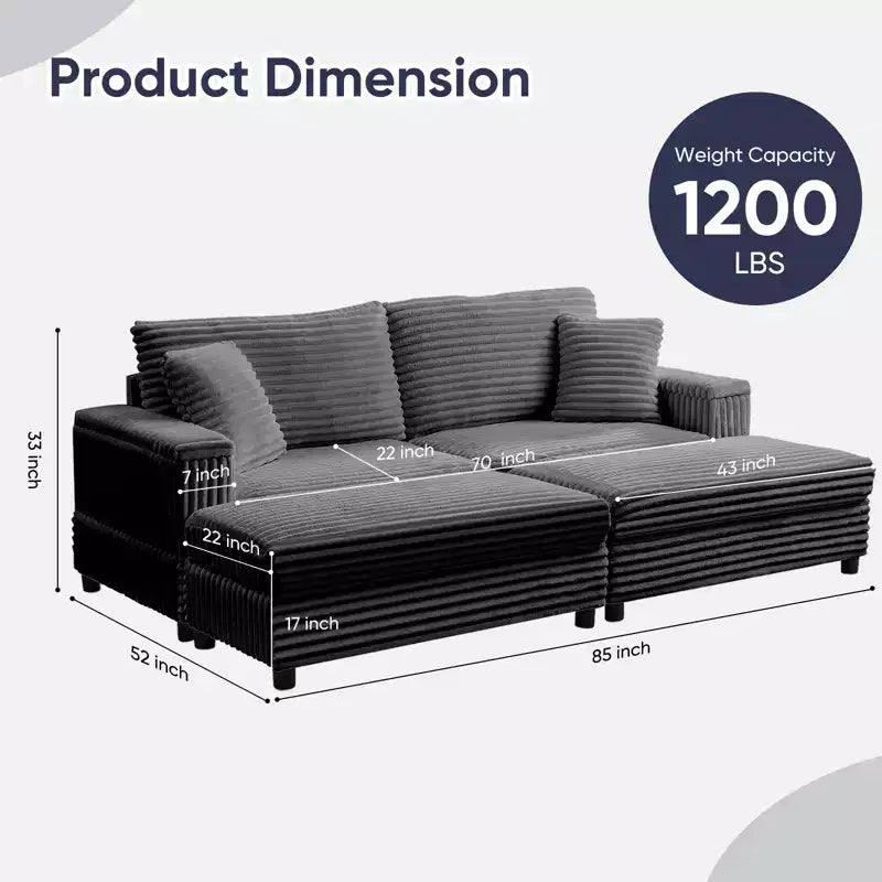 Poltrona Chaise Longue Oversize da Interno, Divano Moderno Rivestito in Velluto a Coste da 85 W con 2 Pouf Rimovibili, Comoda Poltrona Divano Pigro