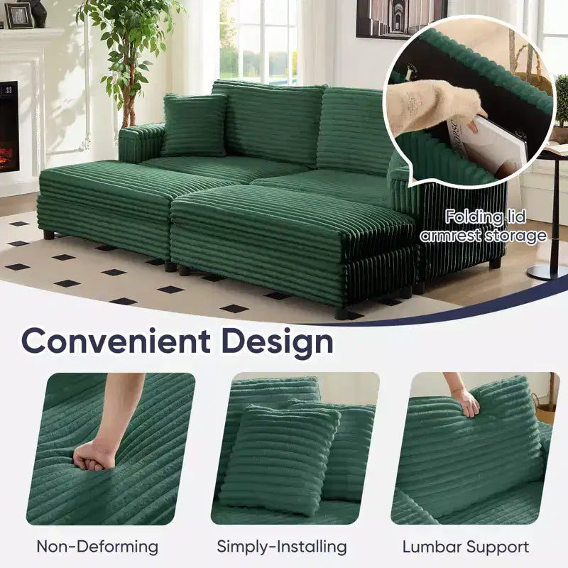 Poltrona Chaise Longue Oversize da Interno, Divano Moderno Rivestito in Velluto a Coste da 85 W con 2 Pouf Rimovibili, Comoda Poltrona Divano Pigro