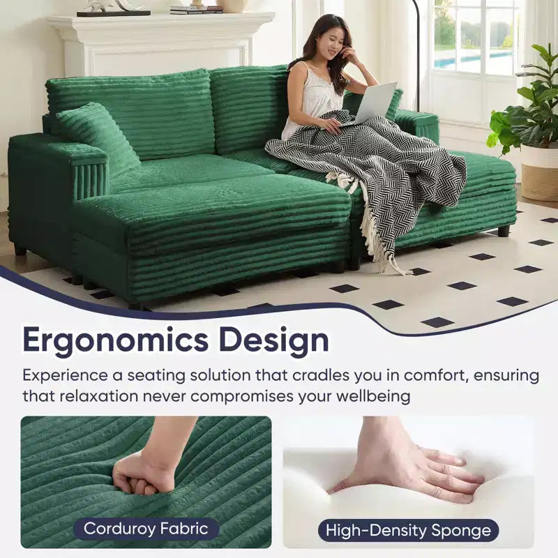 Poltrona Chaise Longue Oversize da Interno, Divano Moderno Rivestito in Velluto a Coste da 85 W con 2 Pouf Rimovibili, Comoda Poltrona Divano Pigro