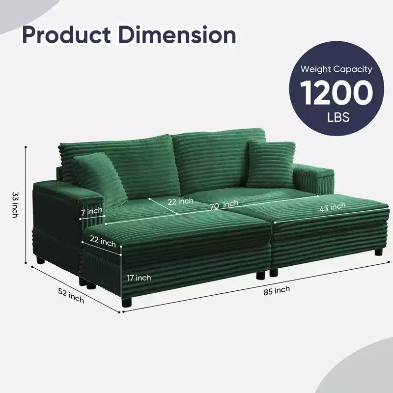 Poltrona Chaise Longue Oversize da Interno, Divano Moderno Rivestito in Velluto a Coste da 85 W con 2 Pouf Rimovibili, Comoda Poltrona Divano Pigro