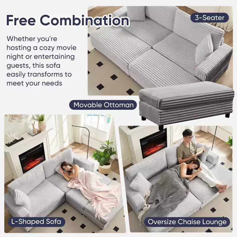 Poltrona Chaise Longue Oversize da Interno, Divano Moderno Rivestito in Velluto a Coste da 85 W con 2 Pouf Rimovibili, Comoda Poltrona Divano Pigro