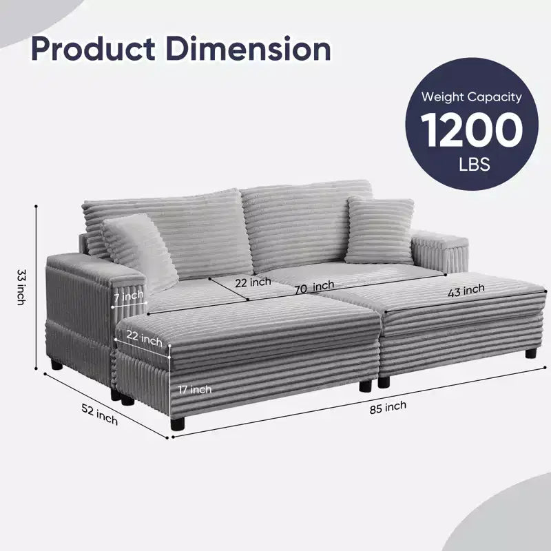Poltrona Chaise Longue Oversize da Interno, Divano Moderno Rivestito in Velluto a Coste da 85 W con 2 Pouf Rimovibili, Comoda Poltrona Divano Pigro