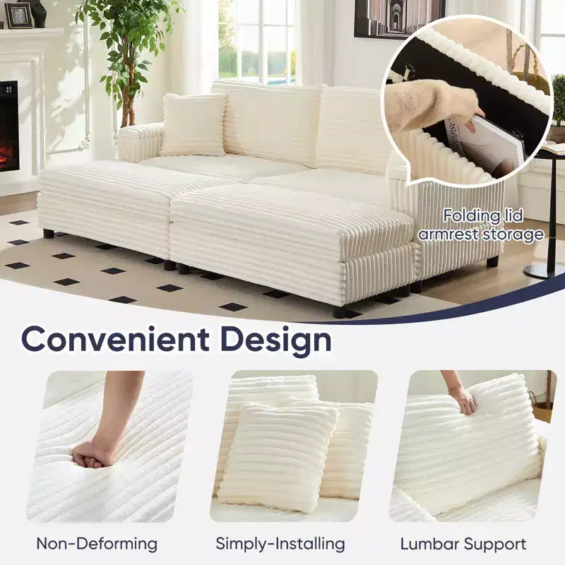 Poltrona Chaise Longue Oversize da Interno, Divano Moderno Rivestito in Velluto a Coste da 85 W con 2 Pouf Rimovibili, Comoda Poltrona Divano Pigro