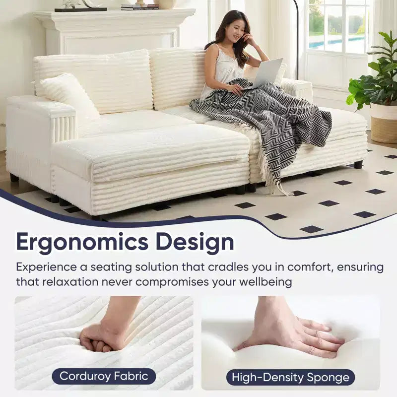 Poltrona Chaise Longue Oversize da Interno, Divano Moderno Rivestito in Velluto a Coste da 85 W con 2 Pouf Rimovibili, Comoda Poltrona Divano Pigro