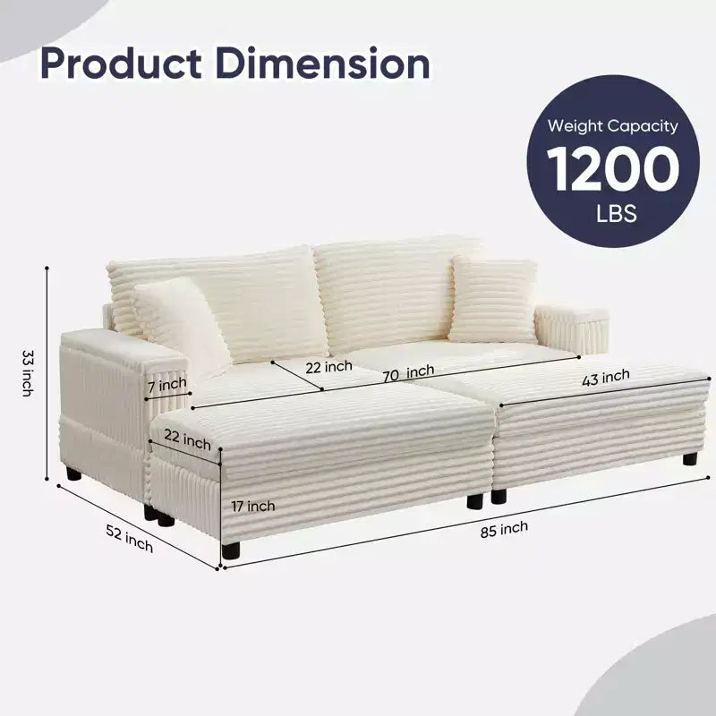 Poltrona Chaise Longue Oversize da Interno, Divano Moderno Rivestito in Velluto a Coste da 85 W con 2 Pouf Rimovibili, Comoda Poltrona Divano Pigro