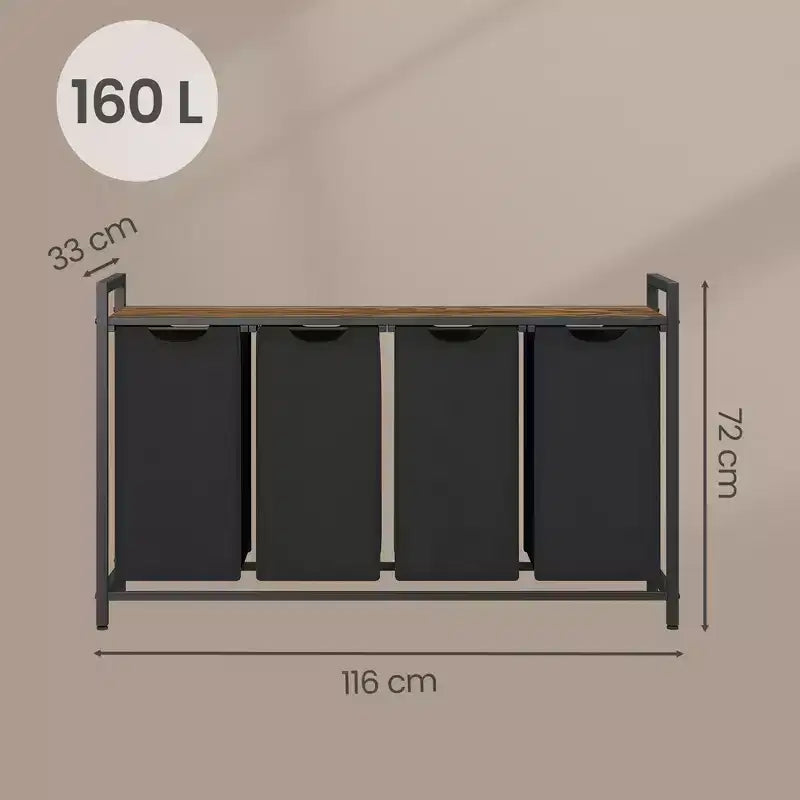 Cesto portabiancheria con separatore, 45,7 x 13 x 28,4 pollici, cesto per la biancheria con 4 sacchi estraibili e rimovibili, scaffale, struttura in metallo (40L)