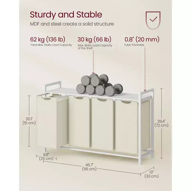 Cesto portabiancheria con separatore, 45,7 x 13 x 28,4 pollici, cesto per la biancheria con 4 sacchi estraibili e rimovibili, scaffale, struttura in metallo (40L)