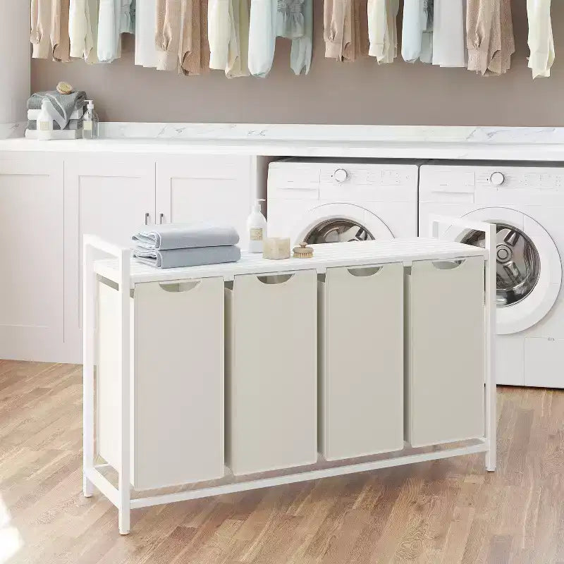 Cesto portabiancheria con separatore, 45,7 x 13 x 28,4 pollici, cesto per la biancheria con 4 sacchi estraibili e rimovibili, scaffale, struttura in metallo (40L)