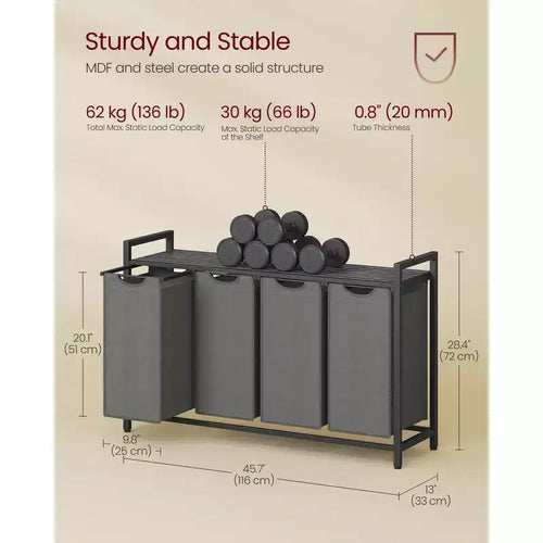 Cesto portabiancheria con separatore, 45,7 x 13 x 28,4 pollici, cesto per la biancheria con 4 sacchi estraibili e rimovibili, scaffale, struttura in metallo (40L)