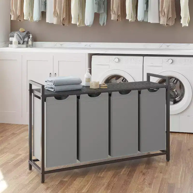 Cesto portabiancheria con separatore, 45,7 x 13 x 28,4 pollici, cesto per la biancheria con 4 sacchi estraibili e rimovibili, scaffale, struttura in metallo (40L)