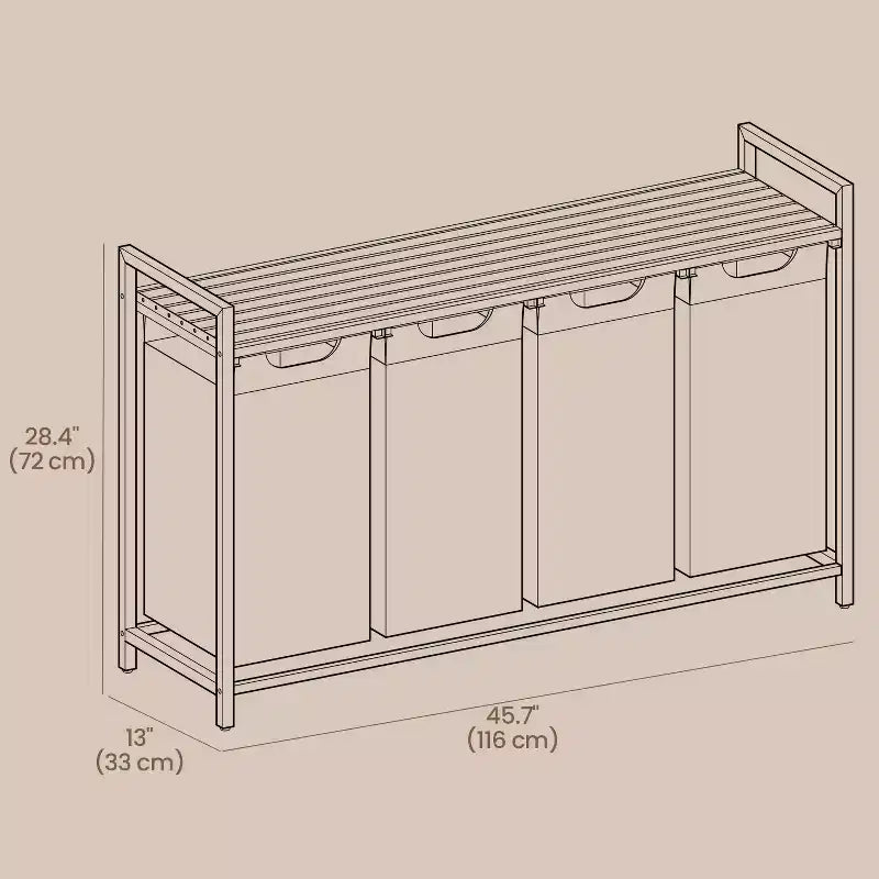 Cesto portabiancheria con separatore, 45,7 x 13 x 28,4 pollici, cesto per la biancheria con 4 sacchi estraibili e rimovibili, scaffale, struttura in metallo (40L)