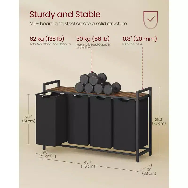 Cesto portabiancheria con separatore, 45,7 x 13 x 28,4 pollici, cesto per la biancheria con 4 sacchi estraibili e rimovibili, scaffale, struttura in metallo (40L)