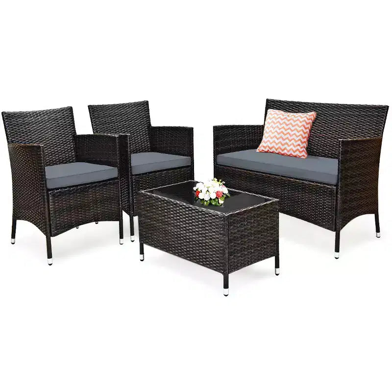 Costway Set da 4 mobili da esterno in rattan con tavolino e divano con cuscino turchese/rosso/grigio