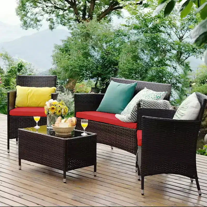 Costway Set da 4 mobili da esterno in rattan con tavolino e divano con cuscino turchese/rosso/grigio