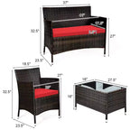 Costway Set da 4 mobili da esterno in rattan con tavolino e divano con cuscino turchese/rosso/grigio