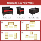 Costway Set da 4 mobili da esterno in rattan con tavolino e divano con cuscino turchese/rosso/grigio