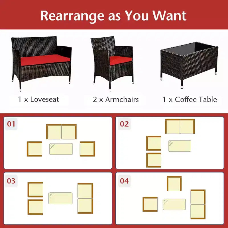 Costway Set da 4 mobili da esterno in rattan con tavolino e divano con cuscino turchese/rosso/grigio