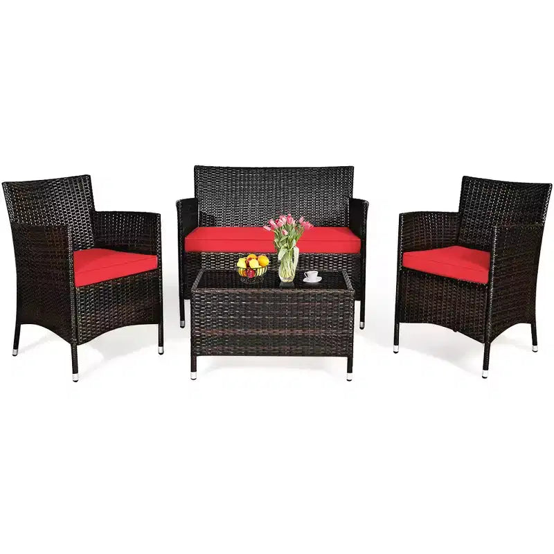 Costway Set da 4 mobili da esterno in rattan con tavolino e divano con cuscino turchese/rosso/grigio