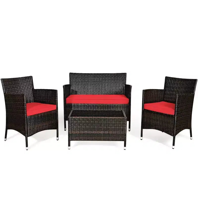Costway Set da 4 mobili da esterno in rattan con tavolino e divano con cuscino turchese/rosso/grigio