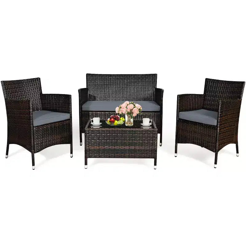 Costway Set da 4 mobili da esterno in rattan con tavolino e divano con cuscino turchese/rosso/grigio
