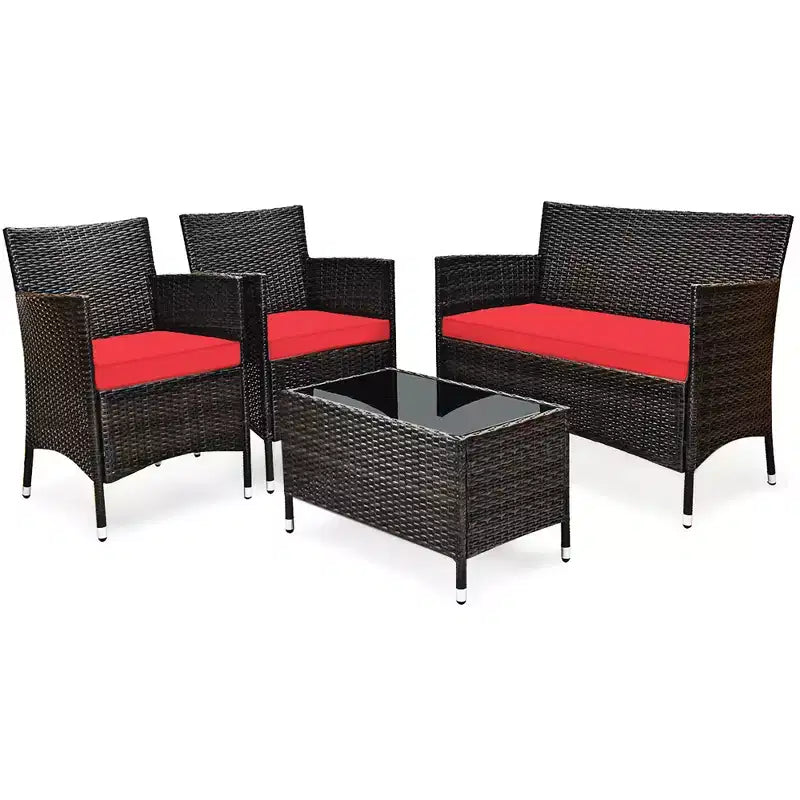 Costway Set da 4 mobili da esterno in rattan con tavolino e divano con cuscino turchese/rosso/grigio