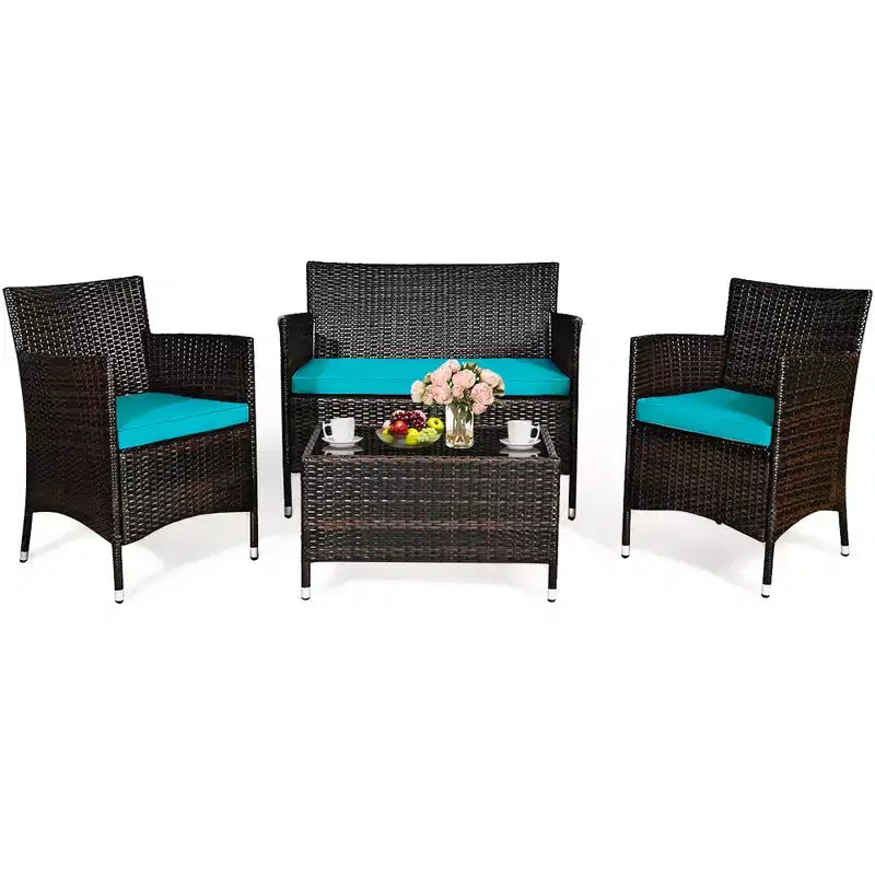 Costway Set da 4 mobili da esterno in rattan con tavolino e divano con cuscino turchese/rosso/grigio