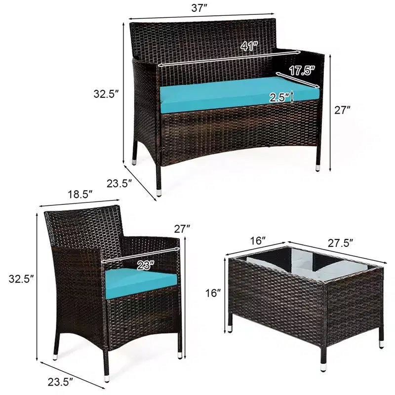 Costway Set da 4 mobili da esterno in rattan con tavolino e divano con cuscino turchese/rosso/grigio