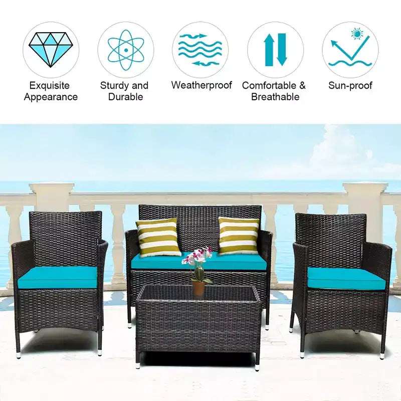 Costway Set da 4 mobili da esterno in rattan con tavolino e divano con cuscino turchese/rosso/grigio