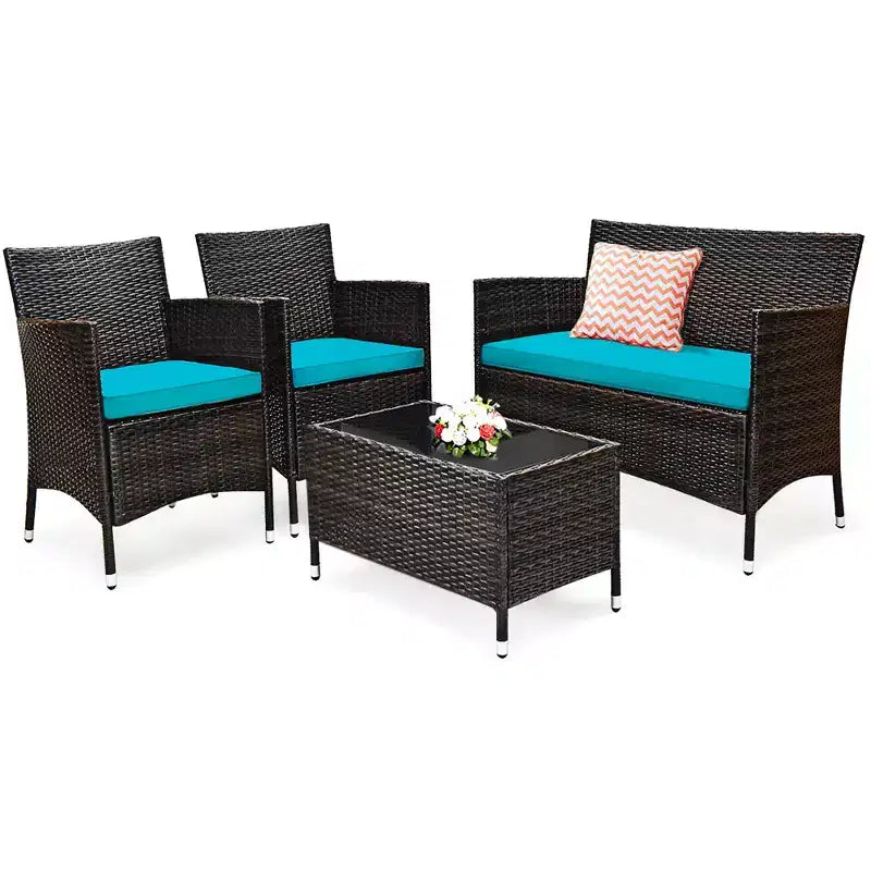 Costway Set da 4 mobili da esterno in rattan con tavolino e divano con cuscino turchese/rosso/grigio