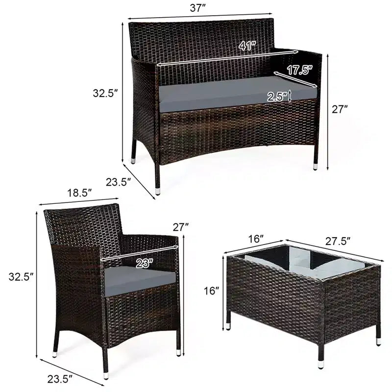 Costway Set da 4 mobili da esterno in rattan con tavolino e divano con cuscino turchese/rosso/grigio