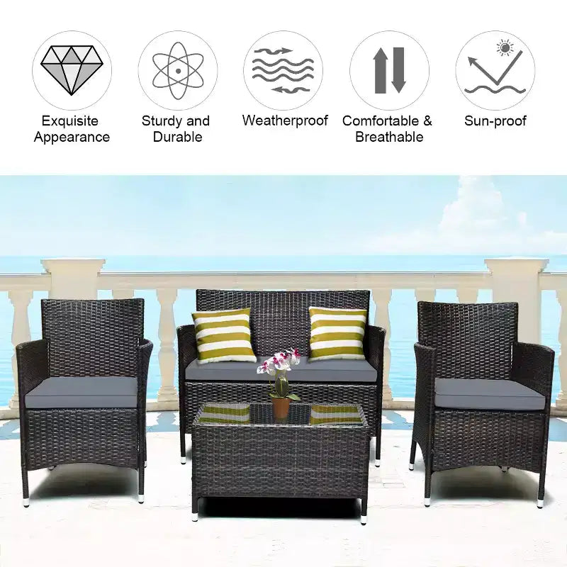 Costway Set da 4 mobili da esterno in rattan con tavolino e divano con cuscino turchese/rosso/grigio