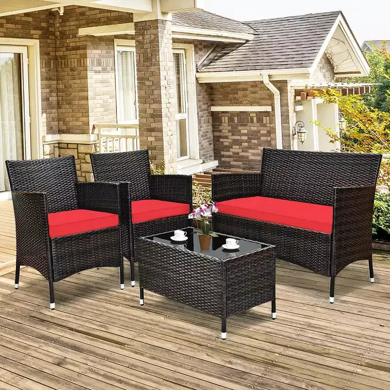 Costway Set da 4 mobili da esterno in rattan con tavolino e divano con cuscino turchese/rosso/grigio