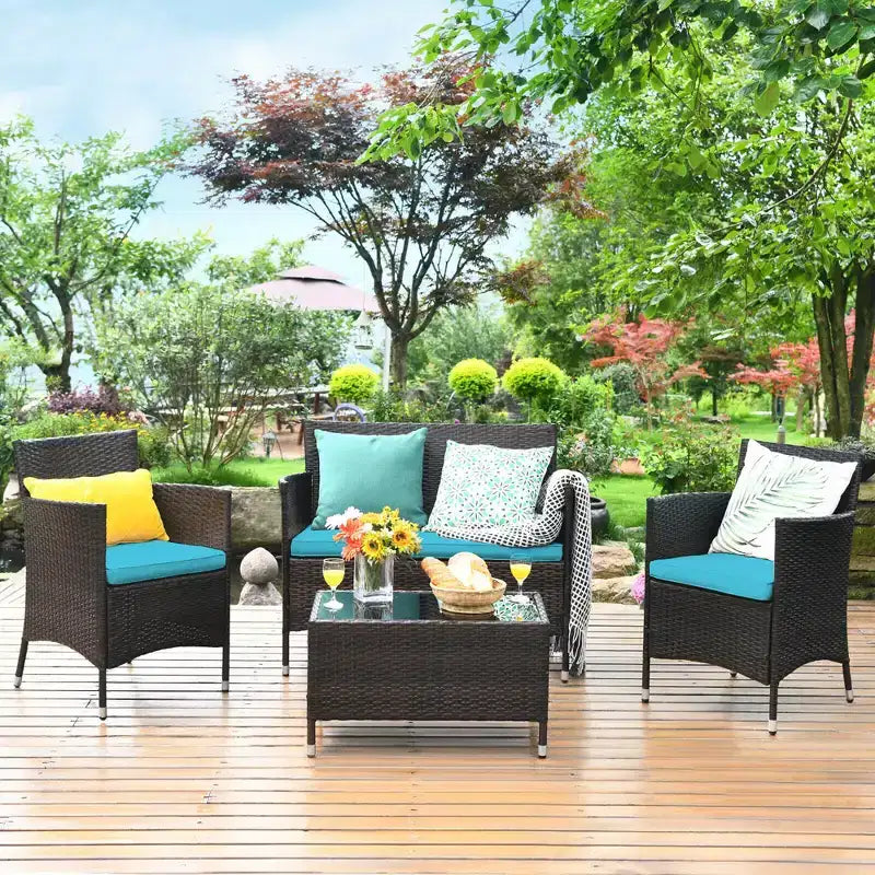 Costway Set da 4 mobili da esterno in rattan con tavolino e divano con cuscino turchese/rosso/grigio