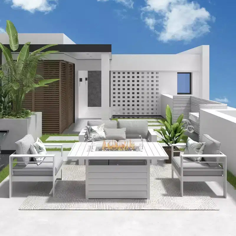Ensemble de mobilier de jardin en aluminium Heynemo avec table brasero, mobilier d'extérieur en métal 4 pièces avec coussins pour jardin