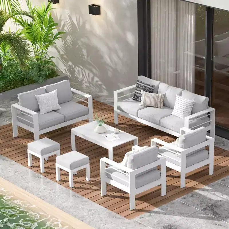 Set di mobili da patio da esterno in alluminio Heynemo con poggiapiedi, divano componibile in metallo da esterno con cuscino da 5 pollici e tavolino da caffè per balcone, giardino