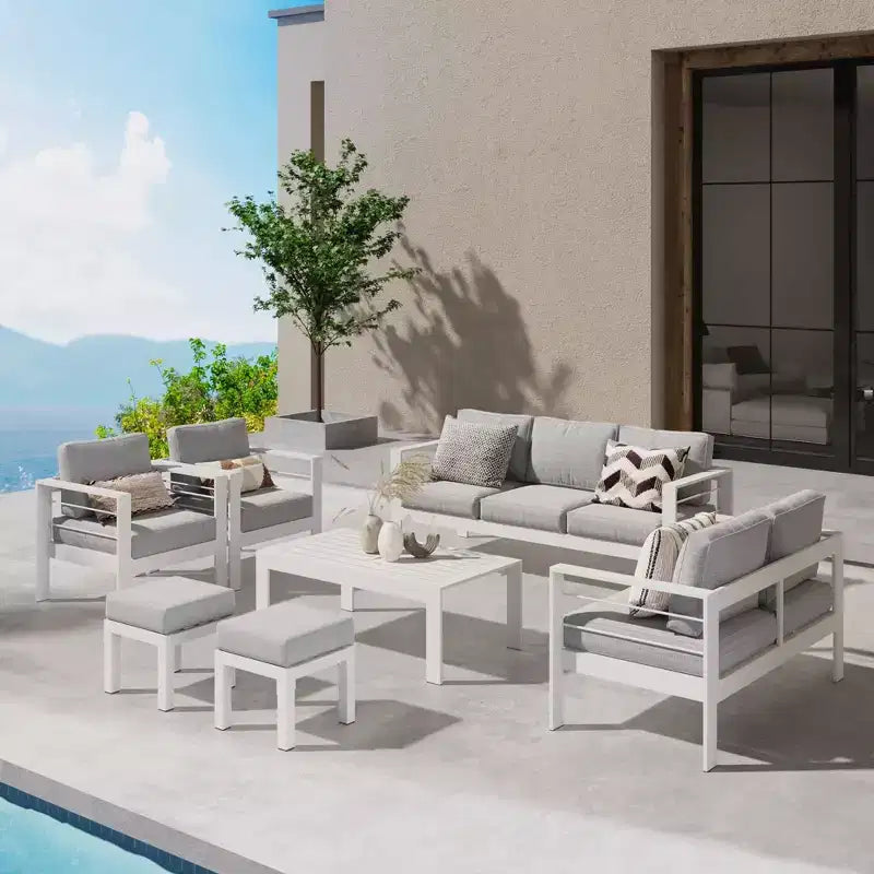 Set di mobili da patio da esterno in alluminio Heynemo con poggiapiedi, divano componibile in metallo da esterno con cuscino da 5 pollici e tavolino da caffè per balcone, giardino