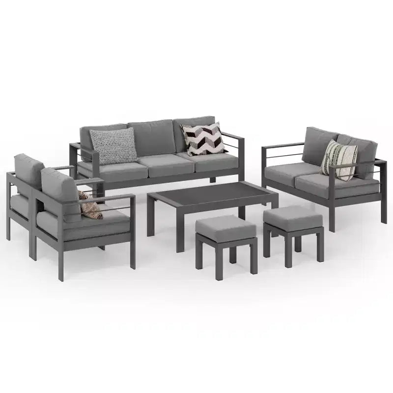 Set di mobili da patio da esterno in alluminio Heynemo con poggiapiedi, divano componibile in metallo da esterno con cuscino da 5 pollici e tavolino da caffè per balcone, giardino