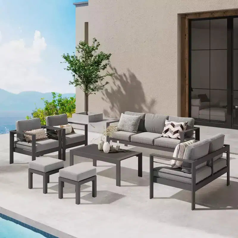 Set di mobili da patio da esterno in alluminio Heynemo con poggiapiedi, divano componibile in metallo da esterno con cuscino da 5 pollici e tavolino da caffè per balcone, giardino