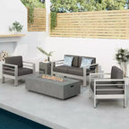 GDFStudio Crested Bay, Set da conversazione da esterno a 4 posti in alluminio con focolare grigio chiaro