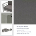 GDFStudio Crested Bay, Set da conversazione da esterno a 4 posti in alluminio con focolare grigio chiaro
