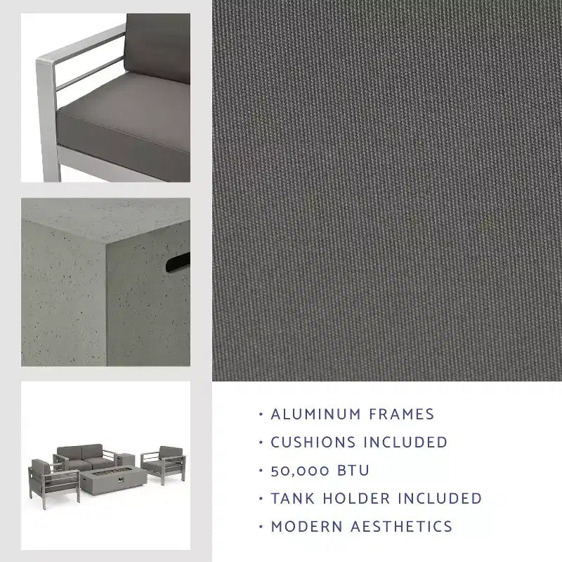 GDFStudio Crested Bay, Set da conversazione da esterno a 4 posti in alluminio con focolare grigio chiaro