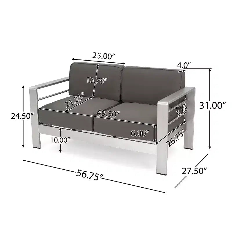 GDFStudio Crested Bay, Set da conversazione da esterno a 4 posti in alluminio con focolare grigio chiaro