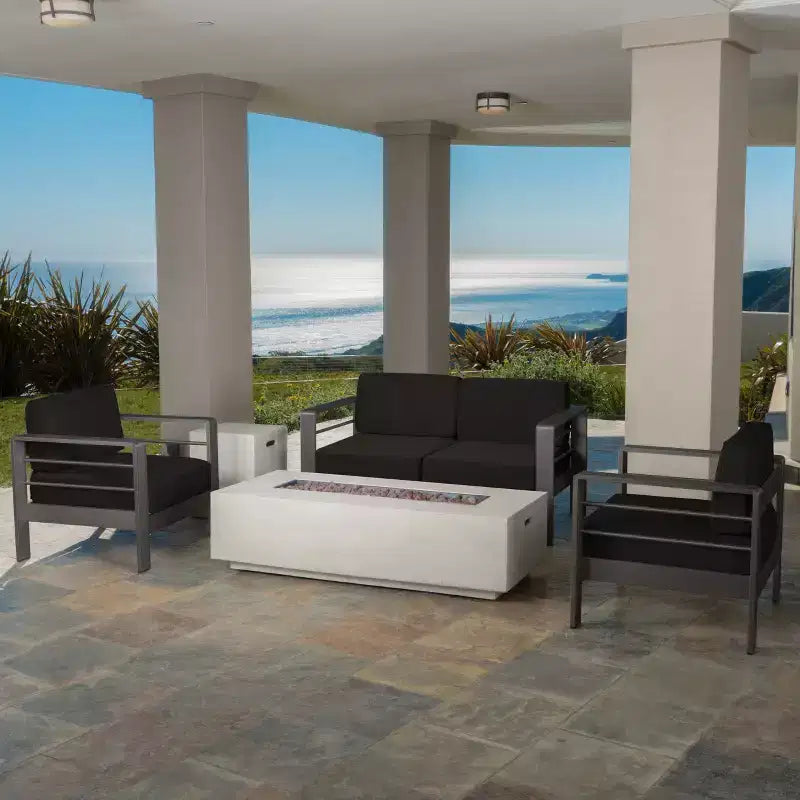GDFStudio Crested Bay, Set da conversazione da esterno a 4 posti in alluminio con focolare grigio chiaro